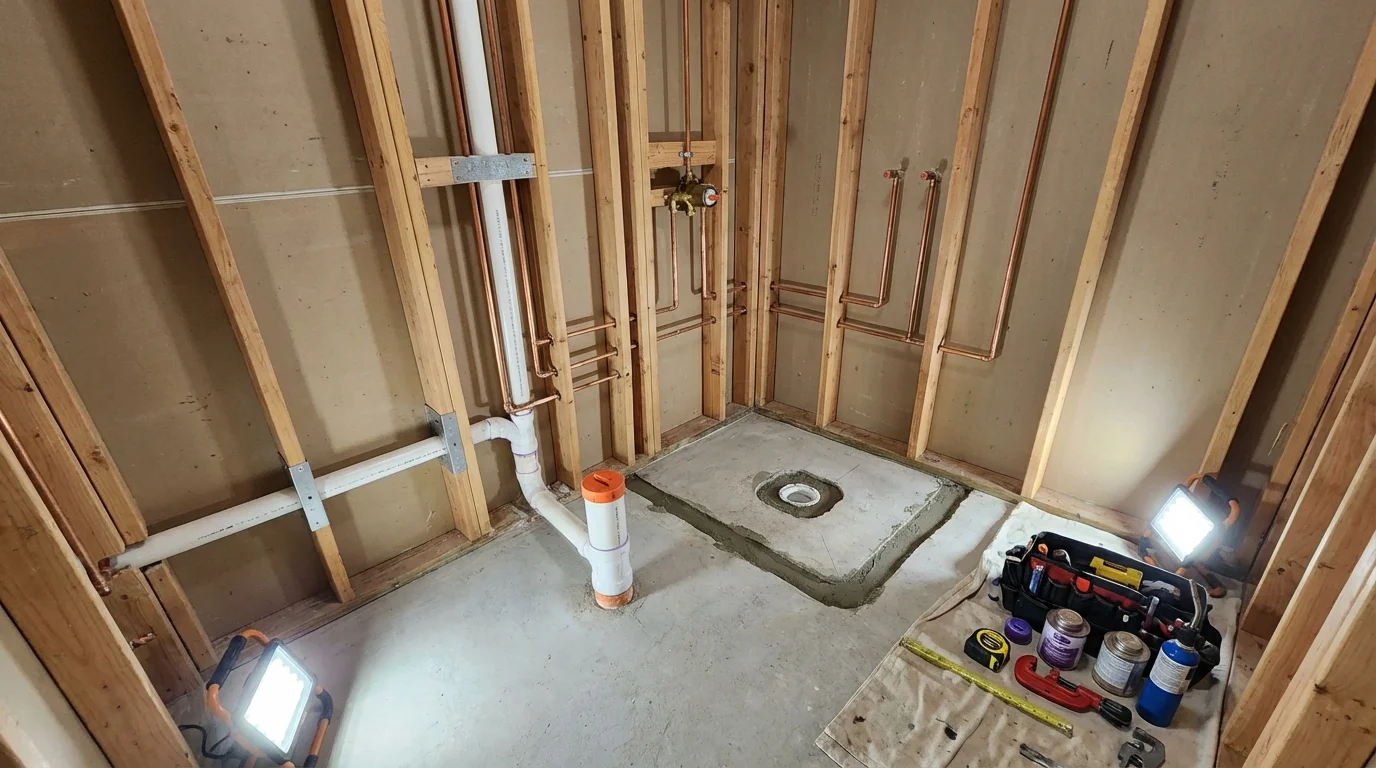 Bathroom rough-in plumbing during remodel by Johns Plumbing LLC in Central Falls