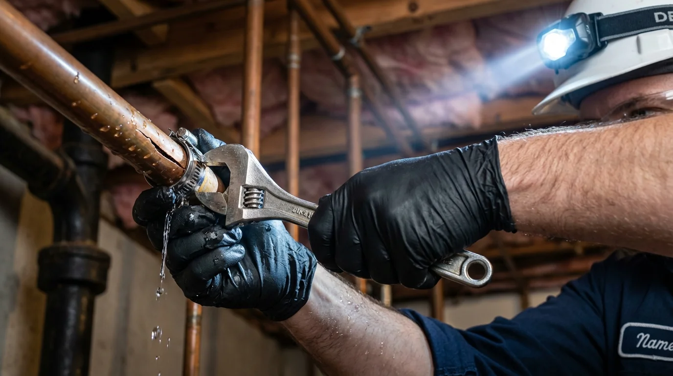 Emergency pipe clamp repair being performed by a Johns Plumbing LLC plumber in Central Falls