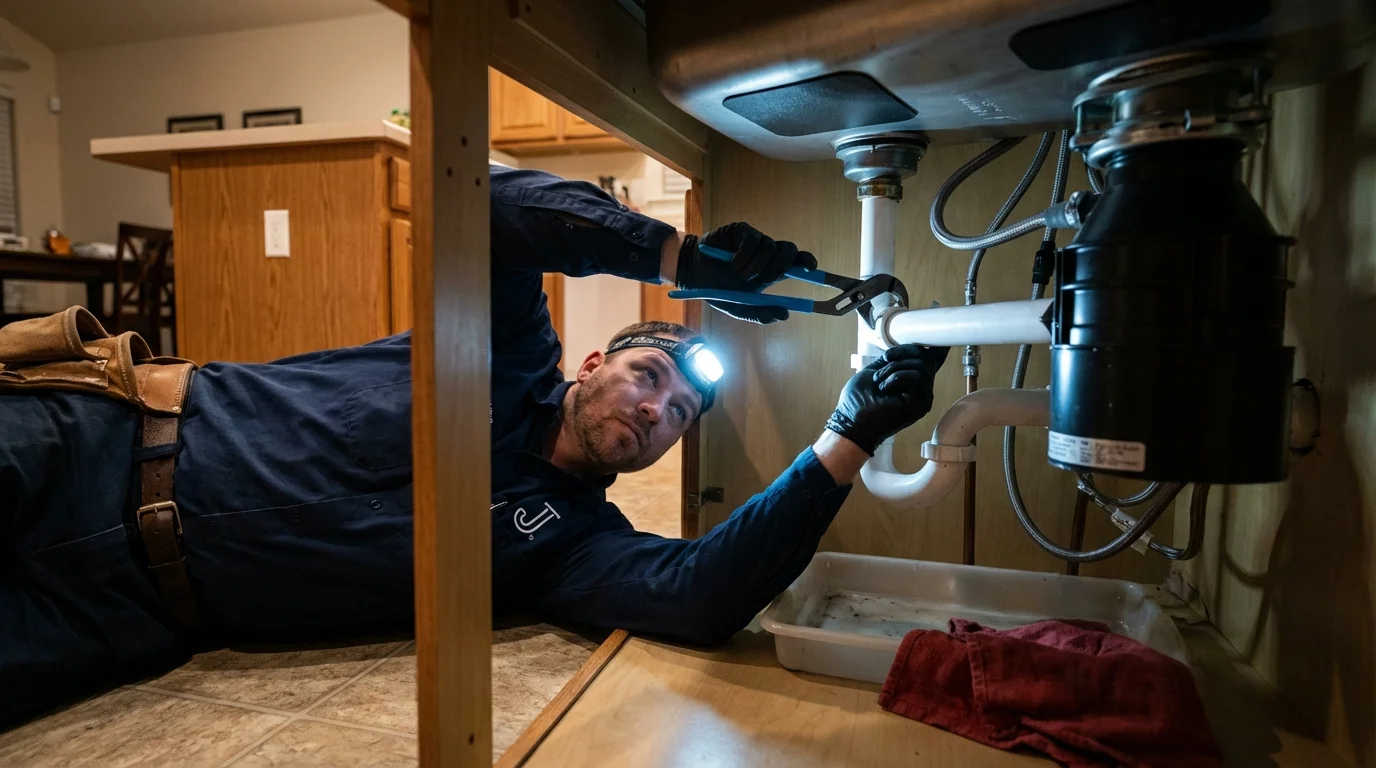 P-trap and supply line connections under a kitchen sink showing a common leak point in Central Falls, RI